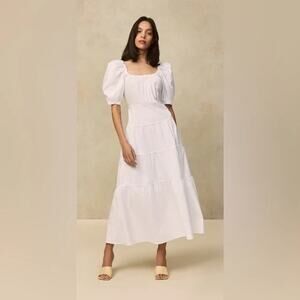 Pearl by Lela Rose Womens White Puff Sleeve Tiered Midi Dress Elegant Fit Size S